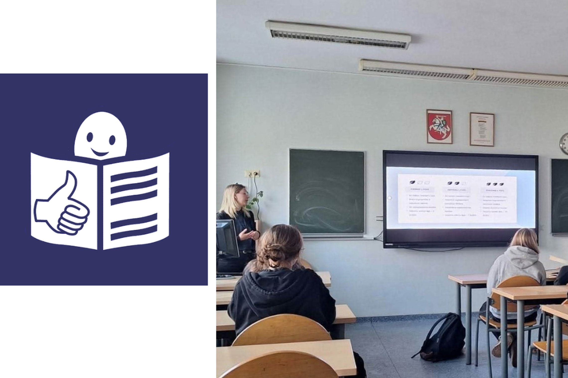 Kairėje yra lengvai suprantamos kalbos simbolis. Dešinėje: nufotografuota klasė iš nugaros, moksleiviai žvelgia į priekį, stebi skaidrę, kurioje pavaizduoti skirtingi lengvai suprantamos kalbos lygiai. Virš skaidrės ant sienos kabo Lietuvos Respublikos he