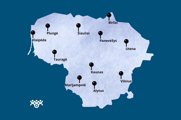 Lietuvos žemėlapis su 11 pažymėtų miestų. 