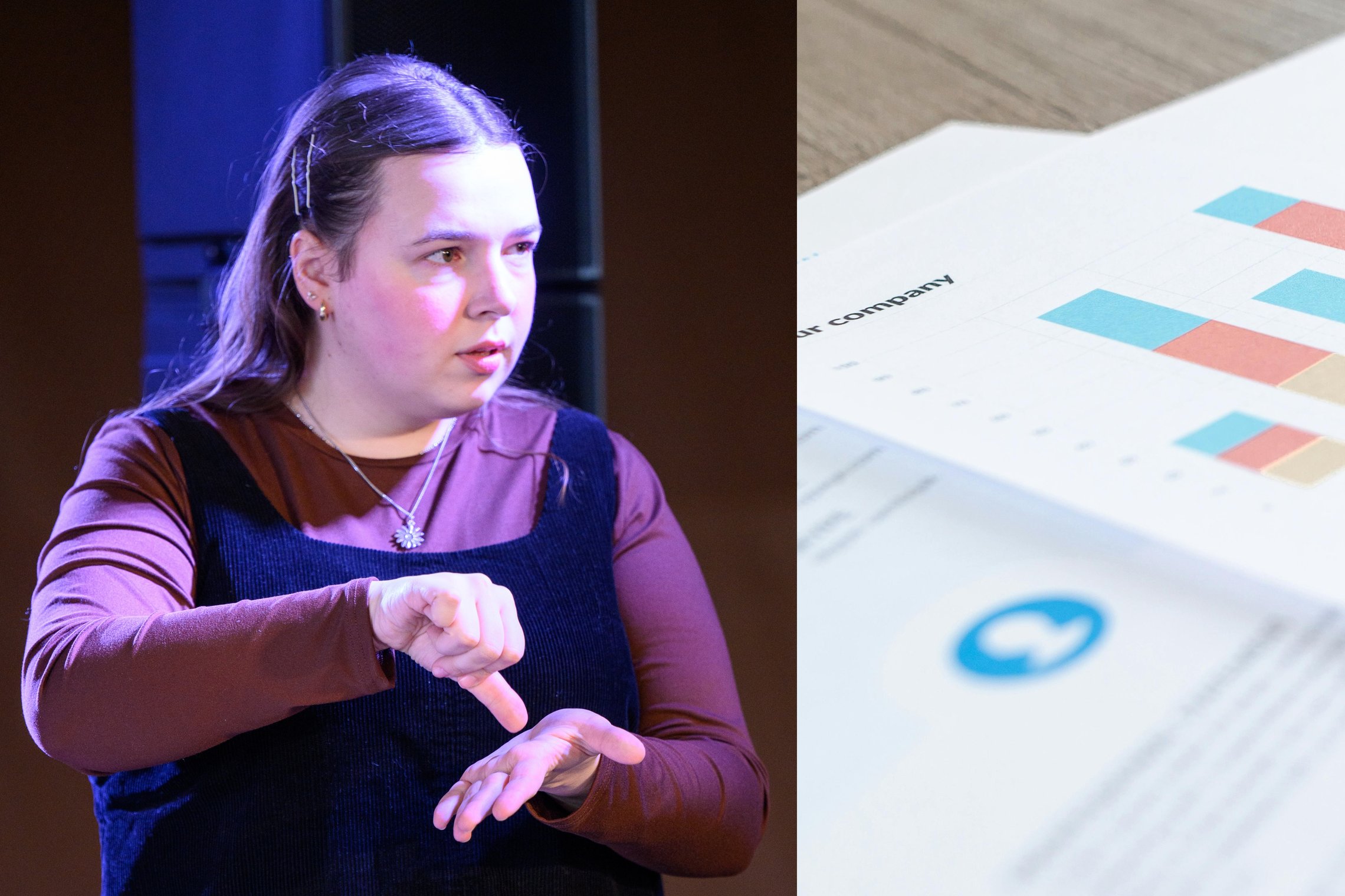 Kairėje yra nuotrauka su gestų kalbos vertėje, kuri gestikuliuoja. Dešinėje yra popieriaus lapas su stulpelinėmis diagramomis, į vieną iš jų atremtas tušinuko smaigalys. 