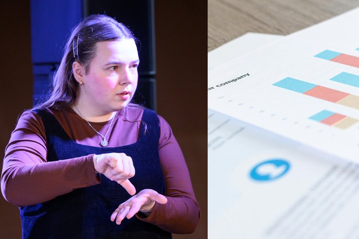 Kairėje yra nuotrauka su gestų kalbos vertėje, kuri gestikuliuoja. Dešinėje yra popieriaus lapas su stulpelinėmis diagramomis, į vieną iš jų atremtas tušinuko smaigalys. 