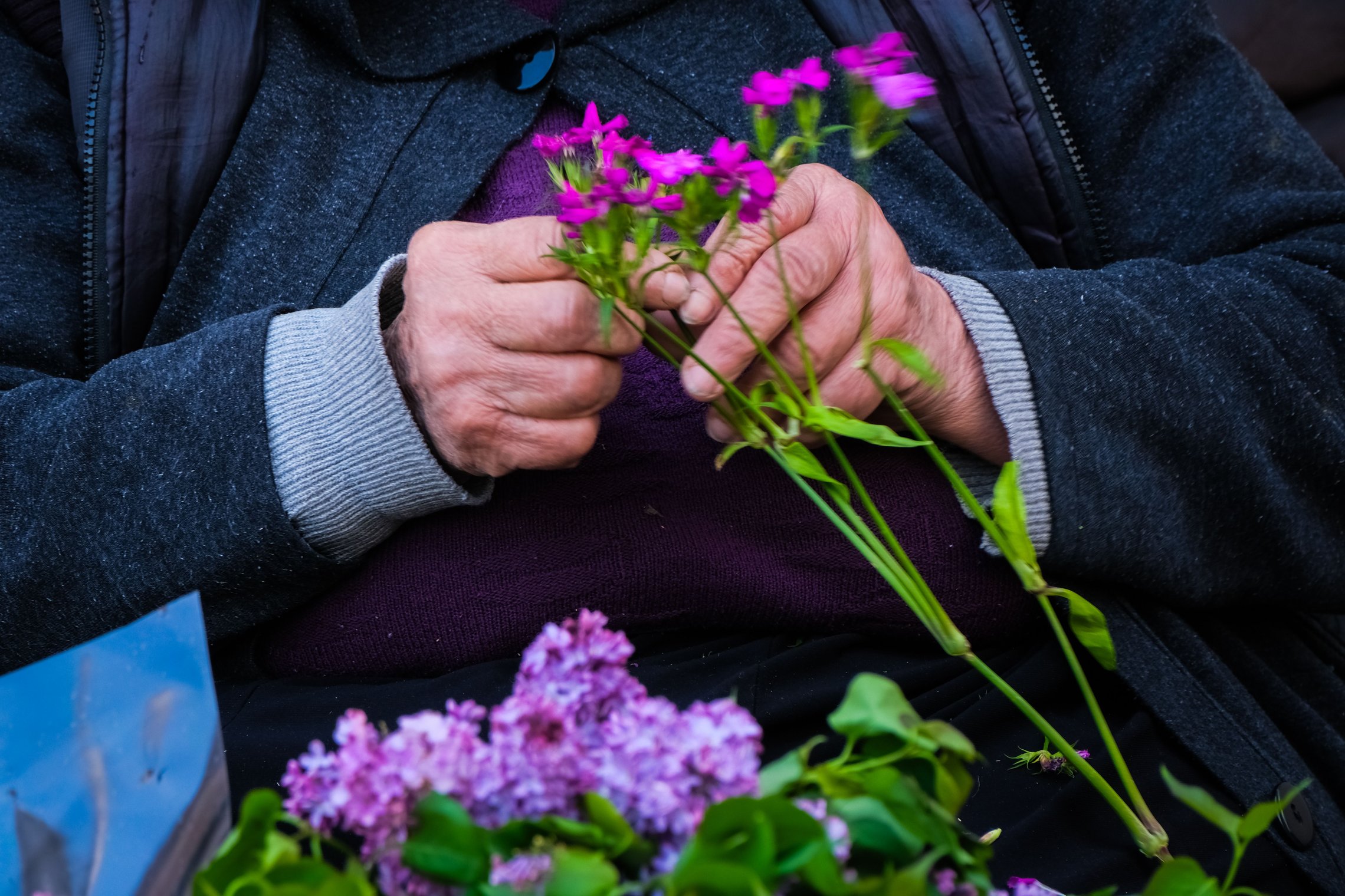 Violetines laukų gėles pina senyvos moters rankos.