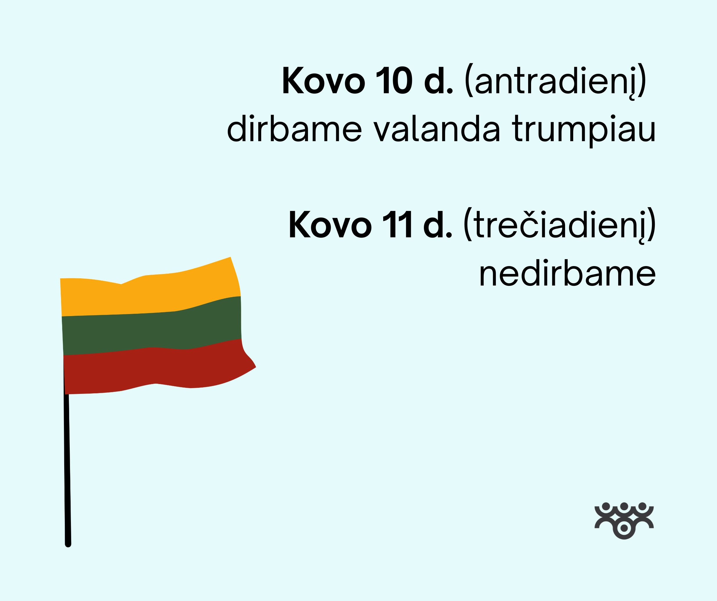 Kονο 10 d. (antradieni) dirbame valanda trumpiau Κοvo 11d. (trečiadieni) nedirbame. Kairėje apačioje yra plėvesuojanti Lietuvos vėliava. Dešiniam apatiniam kampe yra Agentūros logotipas.