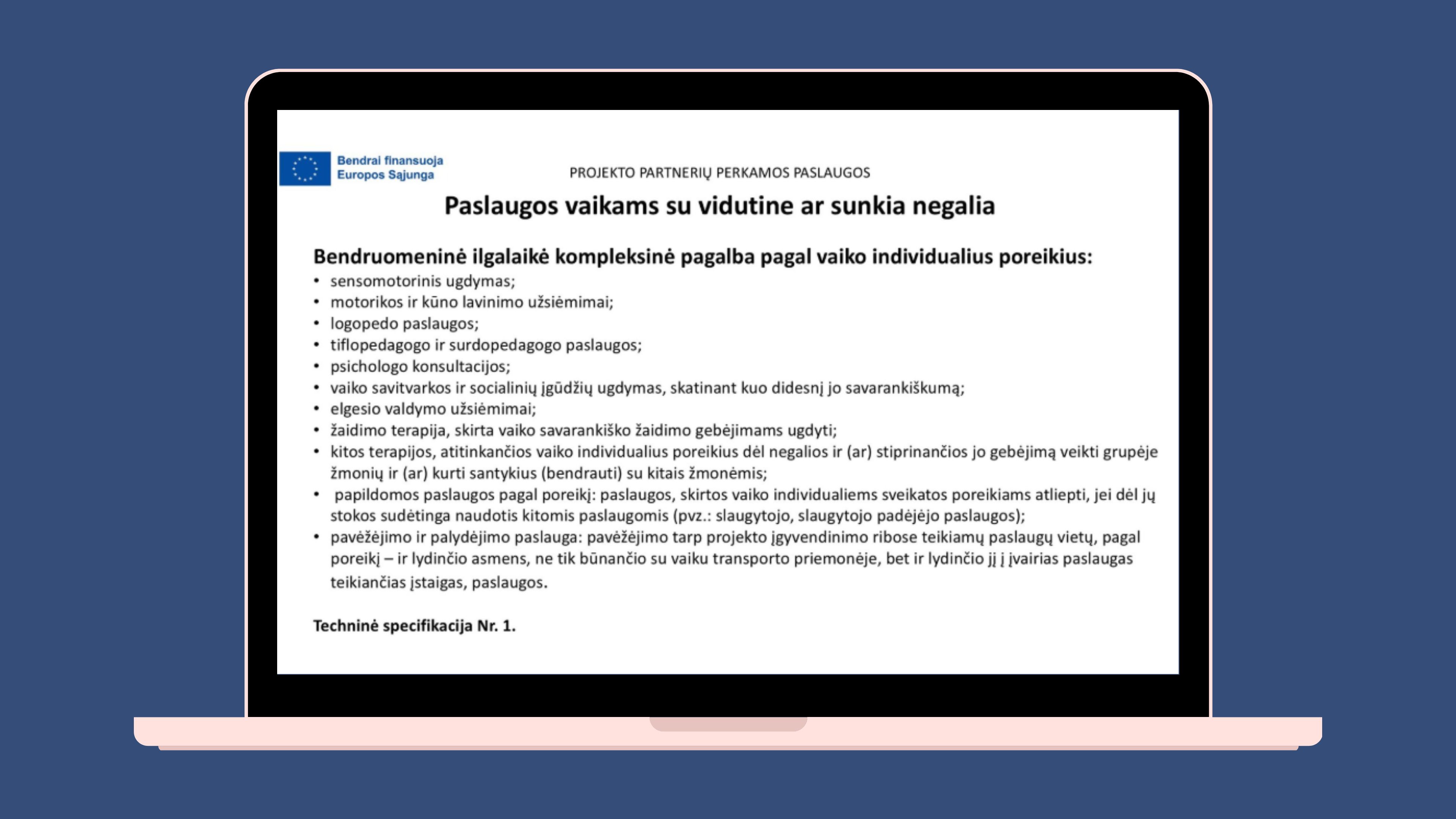 Kompiuterio ekrane: Balta skaidrė apie projekto partnerių perkamas paslaugas vaikams, turintiems vidutinę ar sunkią negalią. Joje išvardyta pagal individualius vaiko poreikius teikiama ilgalaikė kompleksinė pagalba: sensomotorinis ugdymas, motorikos ir kūno lavinimas, logopedo, tiflopedagogo, surdopedagogo ir psichologo paslaugos, savitvarkos bei socialinių įgūdžių ugdymas, elgesio valdymo užsiėmimai, žaidimo ir kitos terapijos. Pagal poreikį taip pat numatytos slaugytojo ar slaugytojo padėjėjo, pavėžėjimo ir palydėjimo paslaugos. Viršutiniame kairiajame kampe pateiktas Europos Sąjungos finansavimo ženklas.